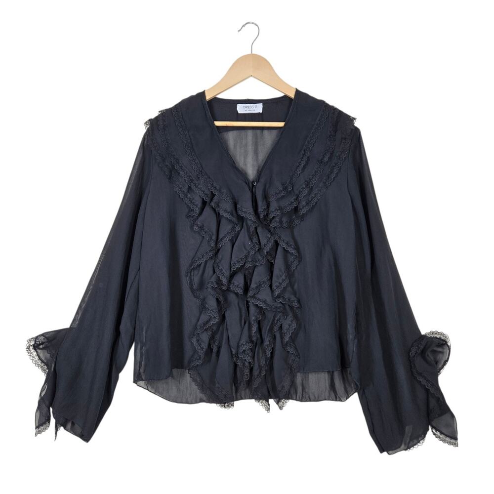 Dress-U by Sharon Top L Black Chiffon Ruffles Whimsigoth Witchy Fairy Boho